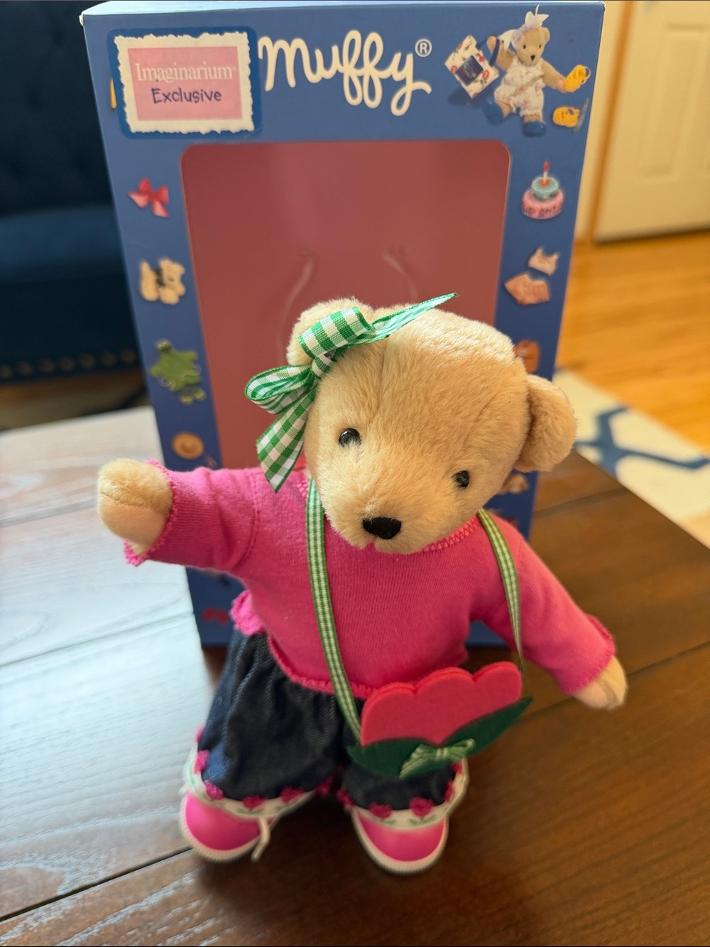 Imaginarium Muffy Pink Bear Plush with Green Bow and Heart Purse NABCO